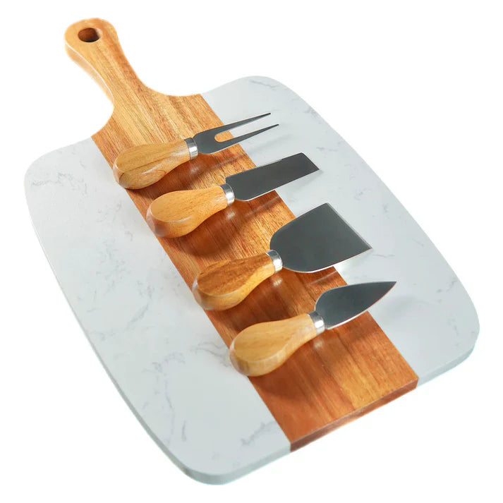 Marble Acacia Wood Serving Set with Handle